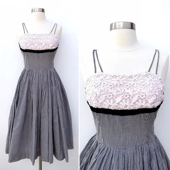 Vintage Dresses & Skirts - Vintage 50’s black & white gingham plaid fit & flare lace velvet trim dress